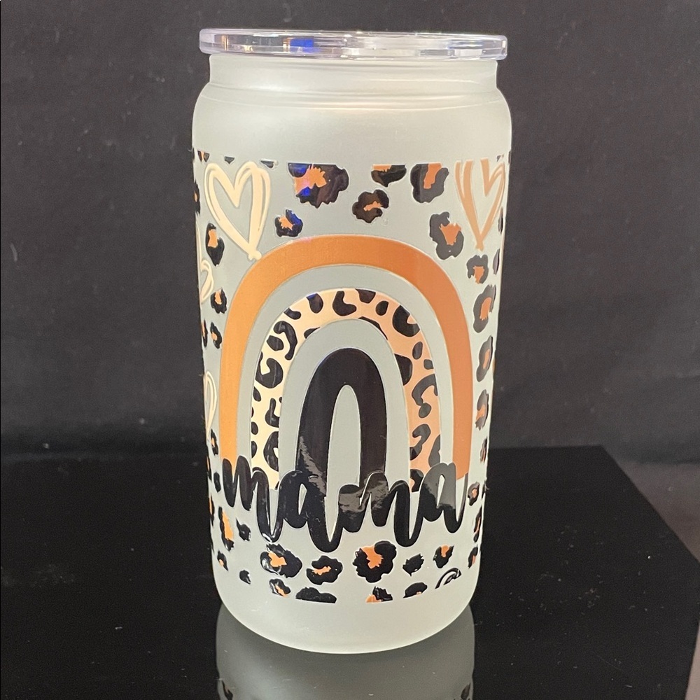 Stylish Frosted Glass Tumbler with Leopard and Rainbow Design